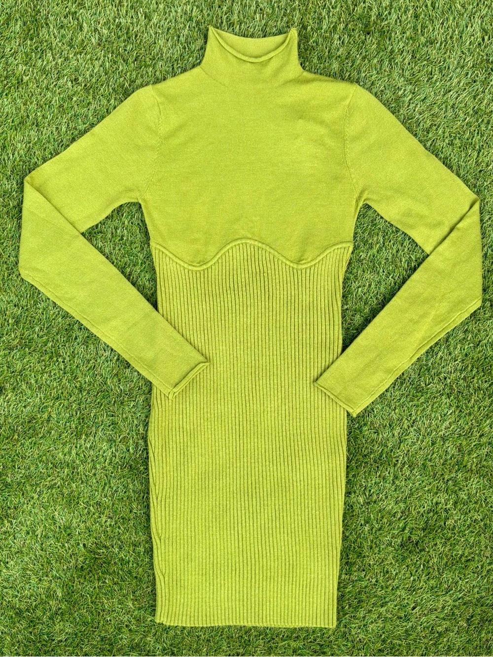 NWT Klesis Lime Green Ribbed Turtleneck Sweater Dress Small